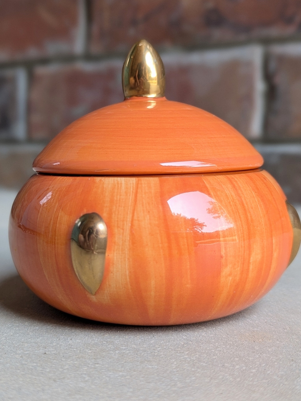 L'Objet Orange Gilded Gold Lidded Ceramic Spice Sugar Jar Handpainted Portugal